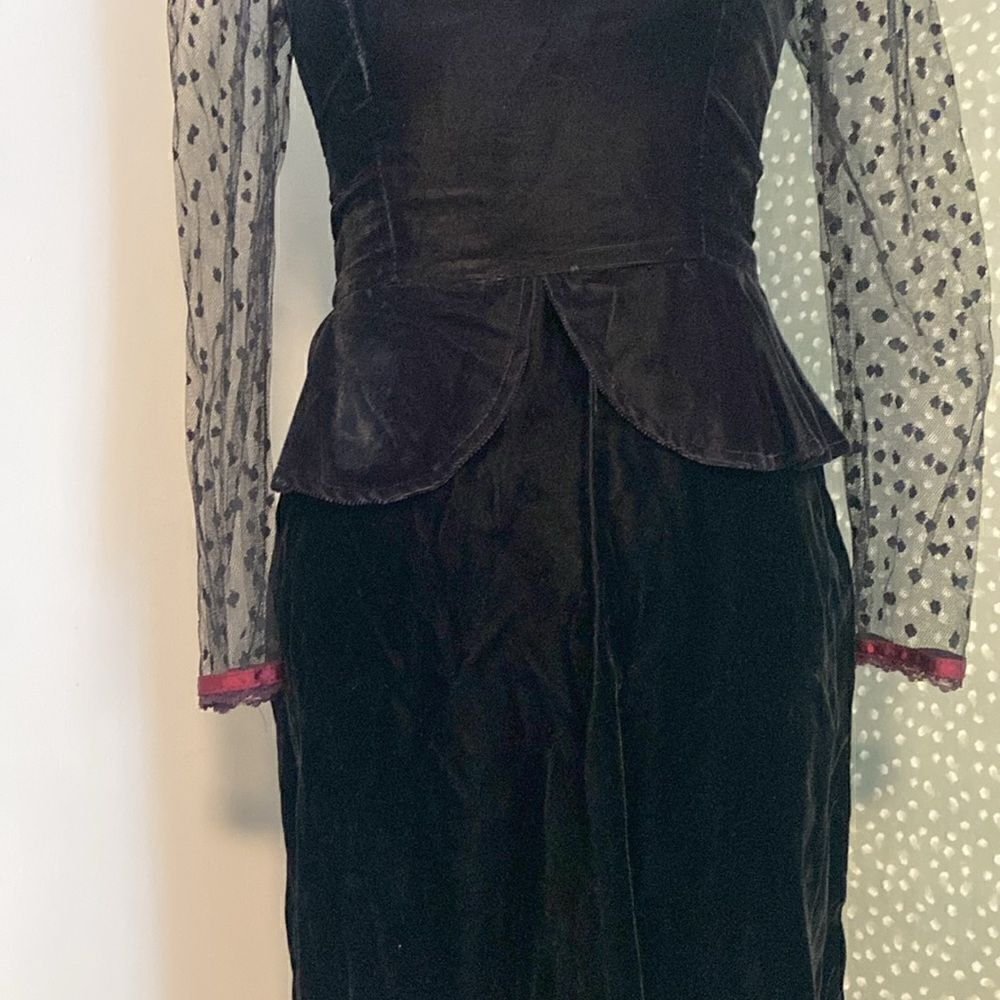 Gunne Sax Black Velvet Vintage Polka Dot Lace Goth Emo Peplum Mini Dress Size 5 - Picture 4 of 11